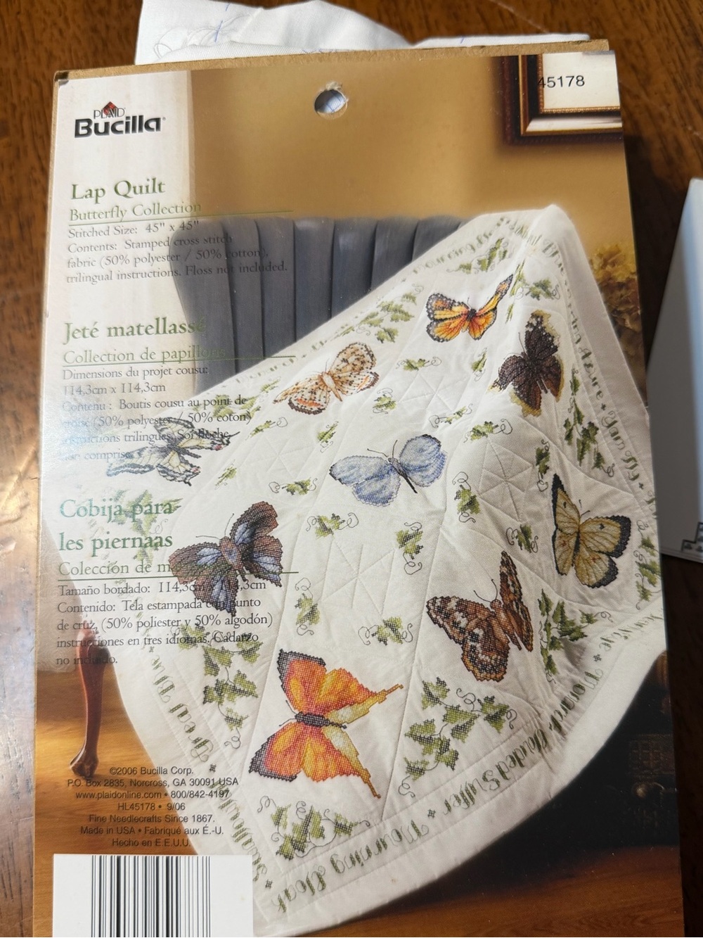 Bucilla Butterfly Embroidered Lap Quilt Top with Multicolor Butterflies 45x45